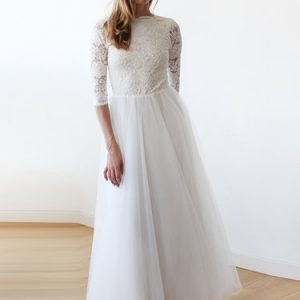 Ivory Open Back Half Sleeve Tulle Lace Evening Dress