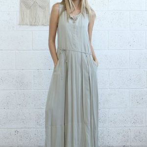 Ivory Sleeveless Solid Pockets Simple Maxi Dress with Belt