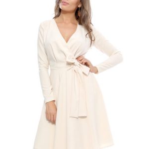 Ivory Solid Surplice Neck Long Sleeve Bow-tied Wrap Dress