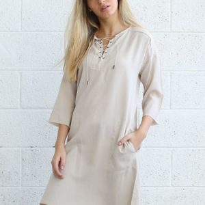 Ivory Tencel Lace Up 3/4 Sleeve Mini Dress