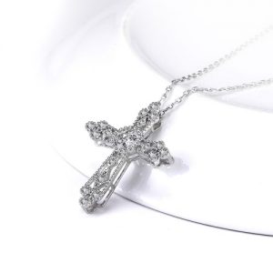 JURE Fashionable S925 Sterling Silver Pendant Rotatable Zirconia Pendant Cross-shaped Necklace 18 Inch