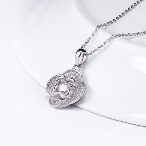 JURE Fashionable S925 Sterling Silver Pendant Rotatable Zirconia Sparkle Pendant Flower-shaped Necklace 18 Inch