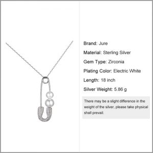 JURE S925 Solid Sterling Silver Chain Necklace Pin-shaped The One Jewelry with Two Pearls Zirconia 18 Inch