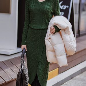 Jacquard Knitted Long Sleeve V Neck Sweater Dress