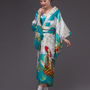 Japanese Costume Halloween Women Kimono Floral Yukata Obi Stage Dress Cosplay