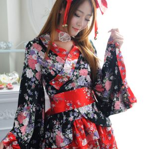 Japanese Kimono Costume Female Black Short Lolita Dress Maid Cosplay Anime Set