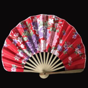 Japanese Red Floral Print Bamboo Fan