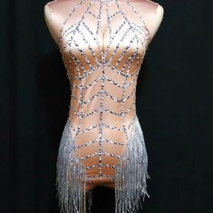 Jazz Dance Costume Halloween Sexy Women Beading Tassels Mini Jumpsuits