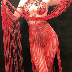 Jazz Dance Costume Red Tassels Long Sleeve Women Sexy Club Wear