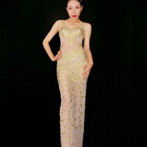 Jazz Dance Costume Sexy Maxi Dresses Beaded Women Nightclub Wear Halloween