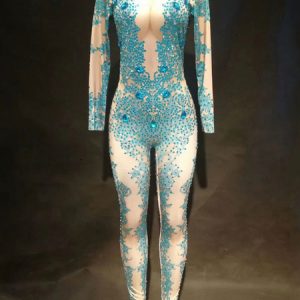 Jazz Dance Costume Sexy Women Blue Long Sleeve Beaded Jumpsuits