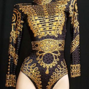 Jazz Dance Costume Sexy Women Gold Long Sleeve Retro Night Club Wear Bodysuits Halloween