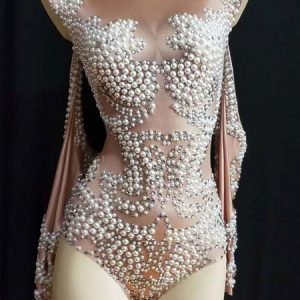 Jazz Dance Costume Sexy Women Heavy Pearls Beading Night Club Wear Bodysuits Halloween