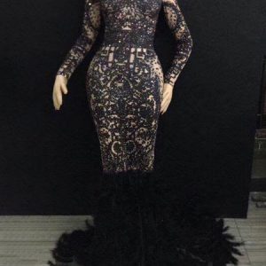 Jazz Dance Costume Sexy Women Mermaid Dresses Heavy Beaded Black Nightclub Wear