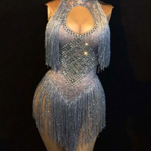 Jazz Dance Costume Sexy Women Tassels Beading Cutout Night Club Wear Bodysuits Halloween