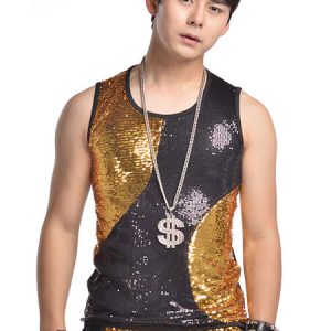 Jazz Dance Costume Vest Men Sequin Glitter Black Gold Dancing Top