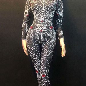 Jazz Dance Costume Women Long Sleeve Black Beaded Jumpsuits Halloween