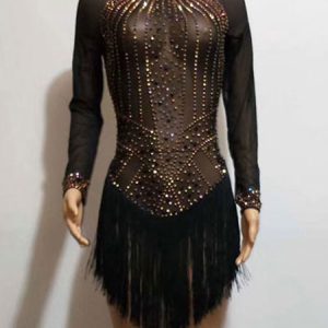 Jazz Dance Costume Women Sexy Long Sleeve Tassels Beaded Dresses Halloween