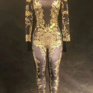 Jazz Dance Jumpsuits Gold Beading Printed Long Sleeve Sexy Nightclub Costumes For Women