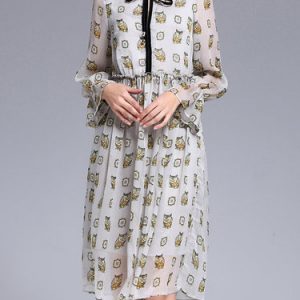 Keyhole Frill Sleeve A-line Floral-print Casual Midi Dress