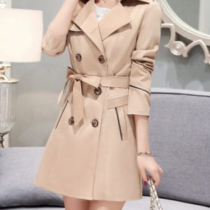 Khaki A-line Solid Buttoned Casual Trench Coat with Belt