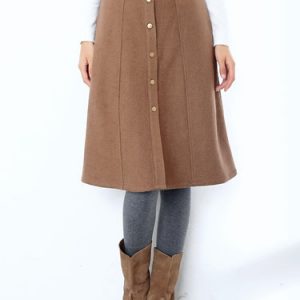 Khaki Casual A-line Wool Blend Solid Buttoned Midi Skirt