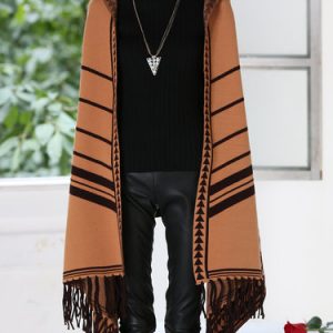 Khaki Casual H-line Fringed Open Front Poncho