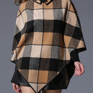 Khaki Casual Printed Acrylic Checkered/Plaid Poncho