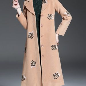 Khaki Elegant Wool Blend Lapel Sequins Embroidery Coat