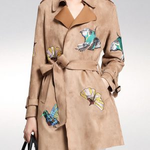 Khaki Embroidered Casual Lapel Coat