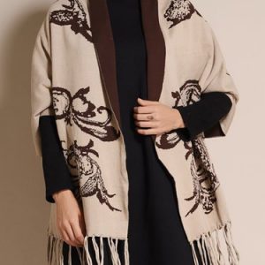 Khaki Fringed Asymmetrical Batwing Printed Poncho And Cape