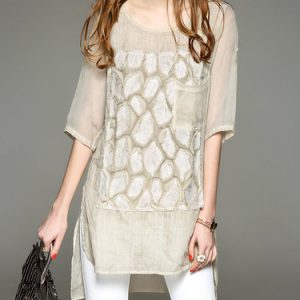 Khaki Graphic Casual Appliqued Crew Neck Tunic