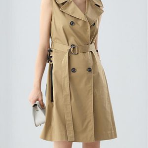 Khaki Lapel A-line Sleeveless Trench Coat