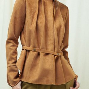 Khaki Ruched Solid Asymmetrical Long Sleeved Top