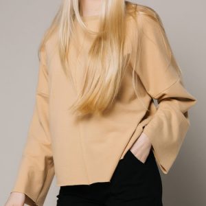 Khaki Simple Plain Crew Neck Long Sleeved Top