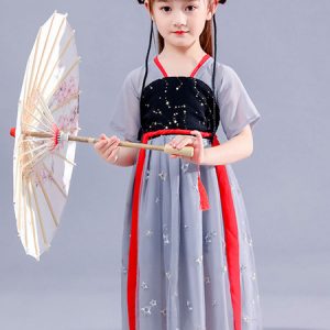 Kid Chinese Costumes Pleated Embroidered Light Gray Dress Holidays Costumes