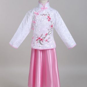 Kids Costume Set Chinese Cheongsam Style Embroidered Long Sleeve Jacquard Top With Pleated Skirt Halloween