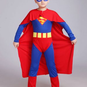 Kids' Halloween Costume Boys Blue Superman Cosplay Jumpsuit With Glasses And Cloak Halloween