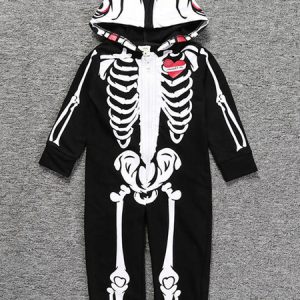 Kids Halloween Costume Skeleton Long Sleeve Hooded Jumpsuits