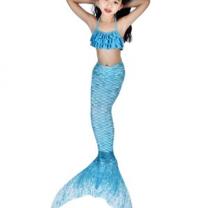 Kids Mermaid Costume Ocean Blue Halloween Fishtail Swimsuits 2 Piece Set