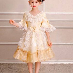 Kids Retro Costume Halloween Little Girls Rococo Dress Blonde Ruffles Lace Bows Half Sleeve Vintage Dress