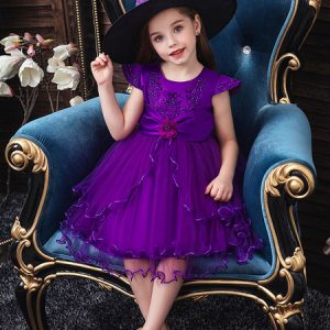 Kids Witch Costumes Flower Applique Red Halloween Kid Dress With Hat