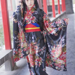 Kimono Japanese Costume Halloween Women Floral Yukata Obi Stage Dress Cosplay