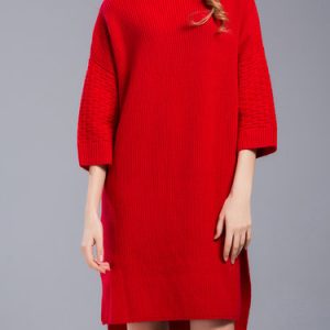 Knitted 3/4 Sleeve Plain High Low Sweater Dress