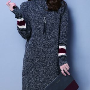 Knitted Acrylic Stripes Long Sleeve Sweater Dress