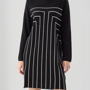 Knitted Geometric Long Sleeve Casual Crew Neck Mini Dress