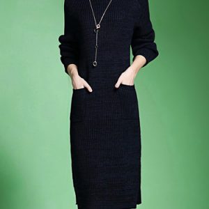 Knitted Long Sleeve Slit Turtleneck Casual Sweater Dress