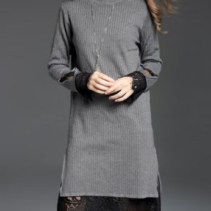 Knitted Paneled Lace Crew Neck Sheath Long Sleeve Sweater Dress