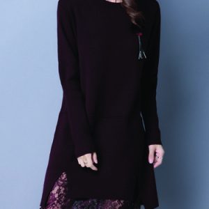 Knitted Paneled Plain Guipure Lace Long Sleeve Sweater Dress