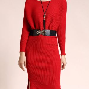 Knitted Wool Blend Elegant Plain Sweater Dress with Belt